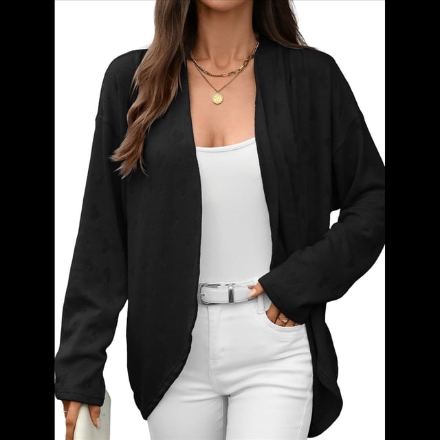 Cárdigan de Verano de Corta para Mujer, con Botones, Abertura Frontal, Escote en V, Tejido A Crochet, Top con Textura de Crochet. Negro M