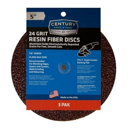 

Century Drill & Tool 75005 5 in. Resin Fiber Disc 24 Grit - Pack of 3
