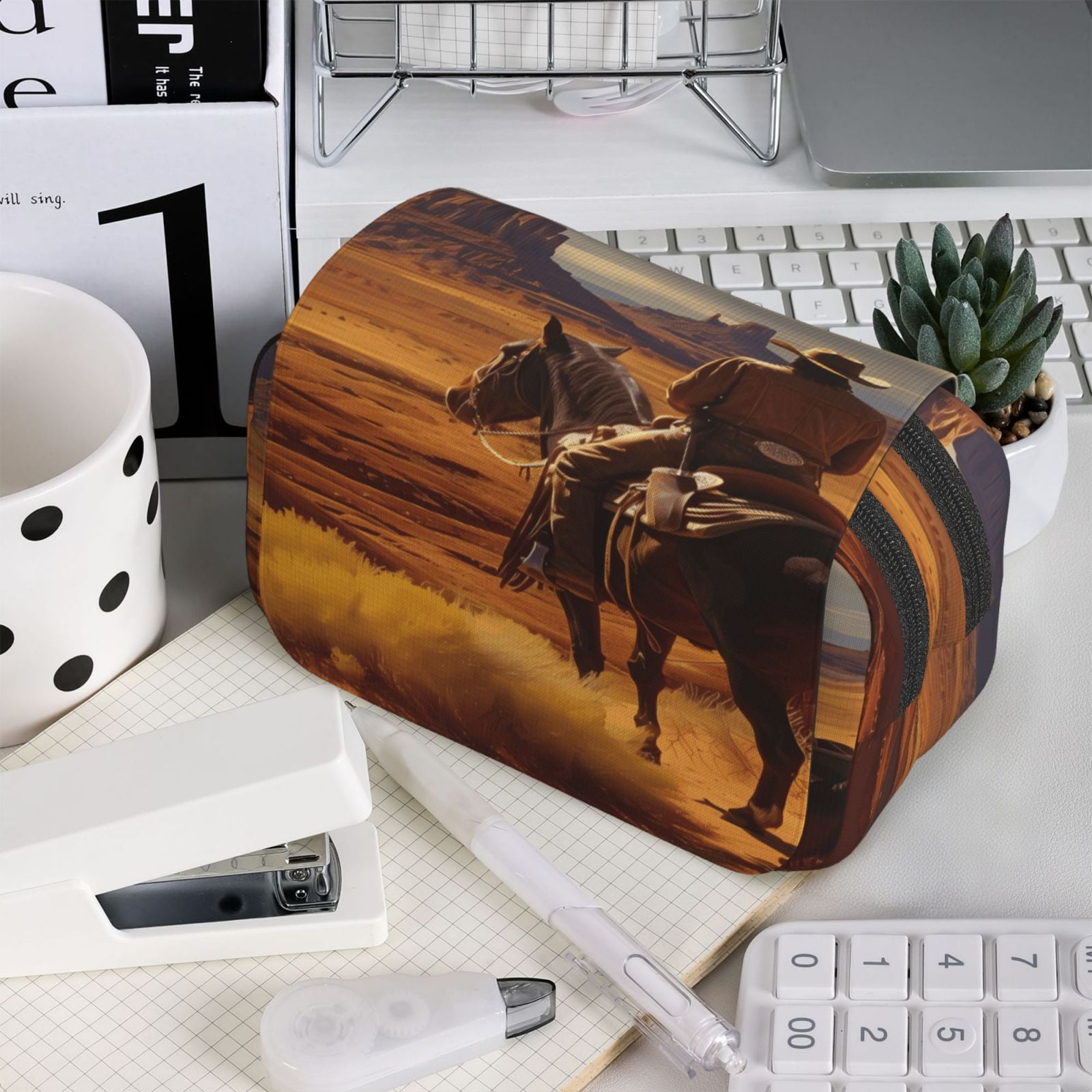 Rateoe Western Desert Cowboy Cloud Pattern Double Clamshell Pen Case, Storage Organizer with Two Zipper Compartments– Holds Up to 50 Pencils & Pens