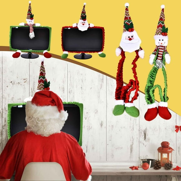 Donemore Christmas Computer Monitor Cover with Plush Cloth Santa Claus Snowman Decorative Elastic Monitor Dust Cover Dustproof Cover for PC TV Laptop LCD Screen