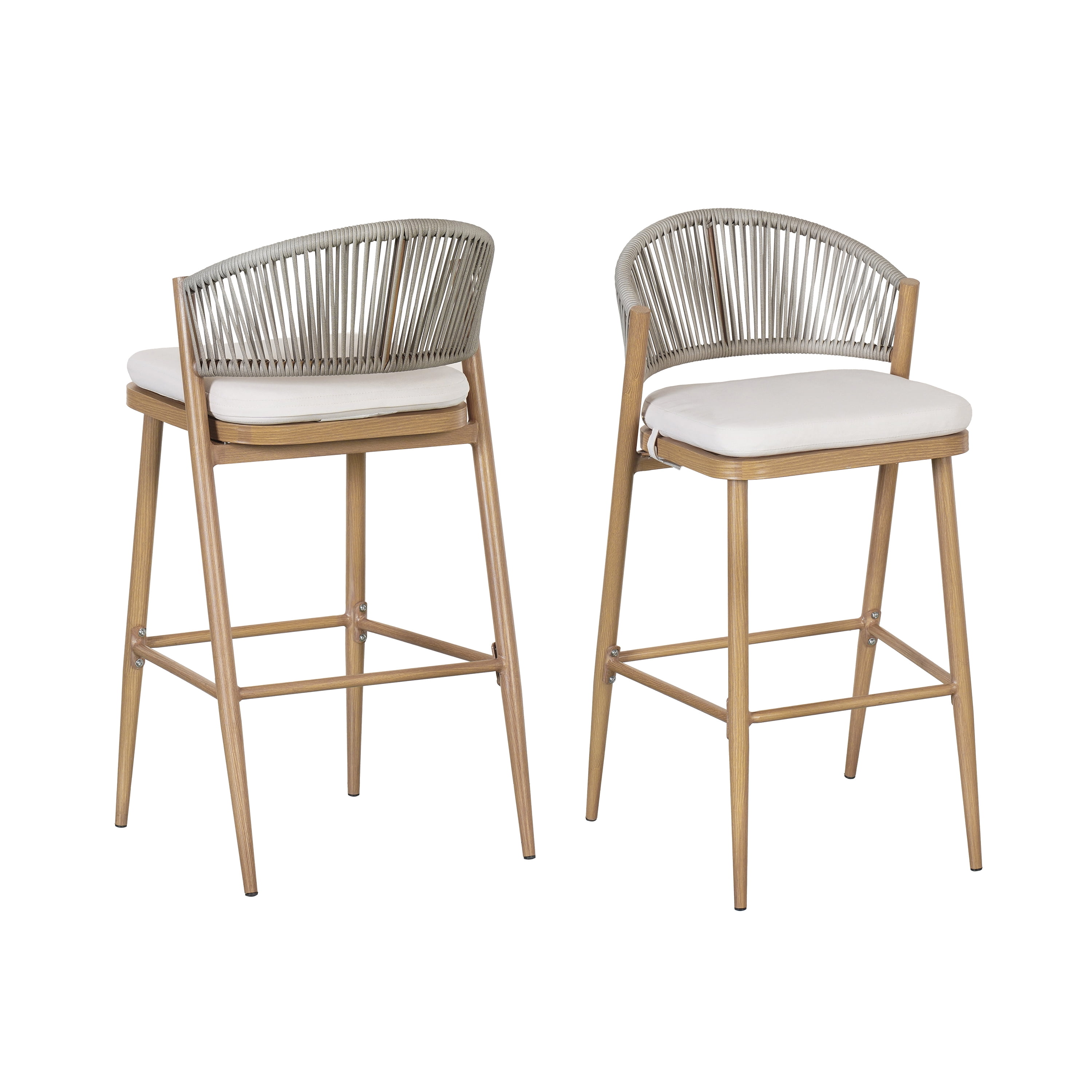 Barstools Set of 2, Outdoor 30.25 Inch Seat Height Aluminum Frame Stools with PE Rattan Scallop-Shaped Backrest, Maple Finish