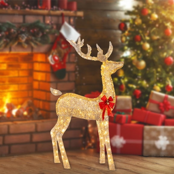 Outdoor Lighted Christmas Reindeers Yard Ornament LED Lights With Red Bows