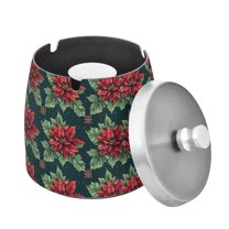 Yayeee Ashtray with Lid for Cigarette Smokeless Stainless Steel Home Ash Holder, Red Christmas Poinsettias