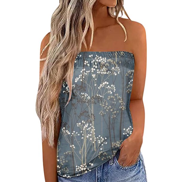 Gibobby Mujeres Pringting sin tirantes Bandeau Tank Casual sin mangas verano vacaciones suelta vacaciones Top camisa blusa mujeres Top(Gris oscuro,G)