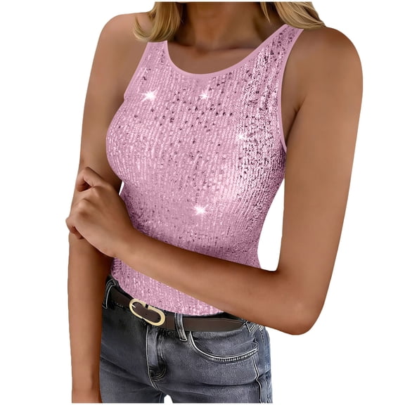 Womens Sparkly Tank Tops, Sleeveless Shirts for Women Summer Fashion Shiny Sequins Crewneck Tanks Blouses for Party