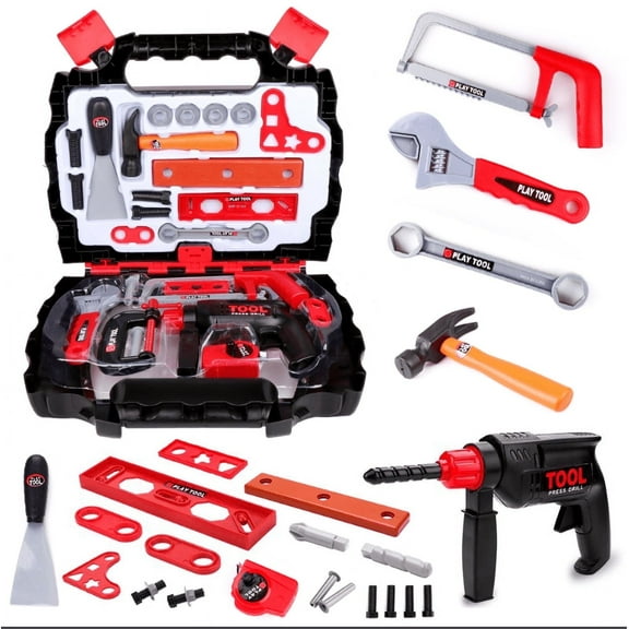 YCFUN 25pcs Kids Toddler Tool Set, Pretend Play Kids Tool Case with Toy Drill, Toy Plastic Construction Kit