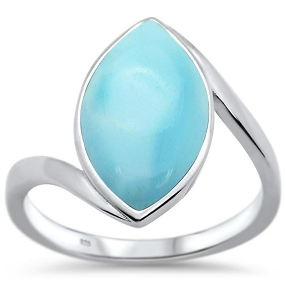 Marquise Natural Larimar Wavy Design Ring Sterling Silver Size 8