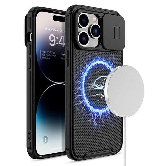 Elegant Choise Phone Case with Slide Camera Lens Magnetic Cover for iPhone 14 Pro Max/14 Pro/14 Plus/14, Black