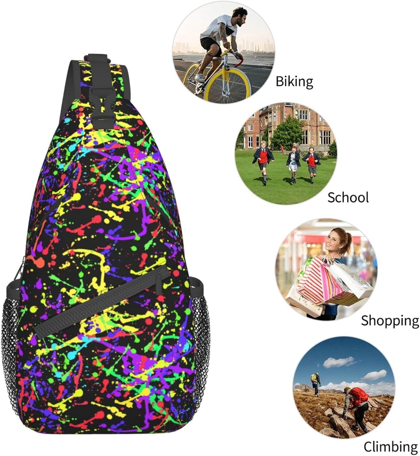 Glow in Dark Splatter Neon Sling Bag Crossbody Hiking Travel Chest Bags Backpack Shoulder Daypack for Women Men