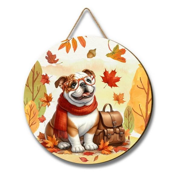 Welcome Fall Bulldog Enjoys School Time Autumn Fall Leaves Round Wood Sign Dog Lover Gifts Idea Hanging Wall Home Decor - 02013