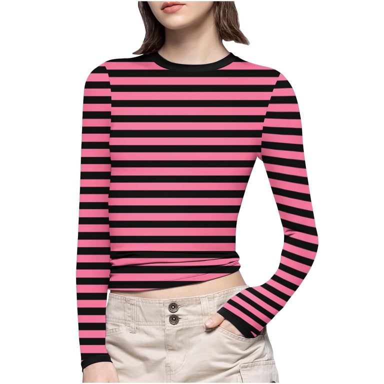 Women's Y2K Long Sleeve Crop Top Stripe Crew Neck Tee Top Sexy 90s