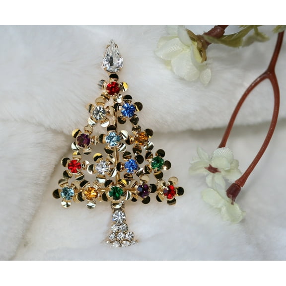 Multi-Gemstone Christmas Tree Pin in Gold-Tone, Rhinestone Xmas Tree Brooch