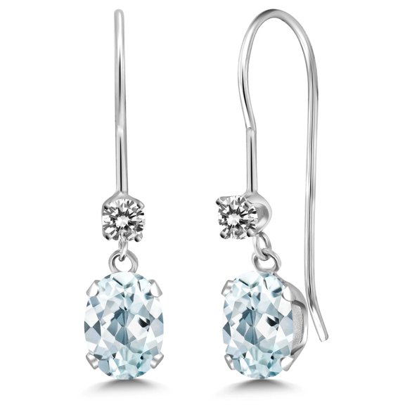 Gem Stone King 14K White Gold Sky Blue Aquamarine and White Diamond French Wire Dangle Earrings for Women (0.99 Cttw, Gemstone March Birthstone, Oval 6X4MM and Round 2.5MM)