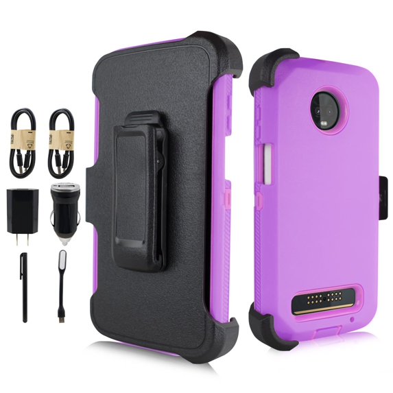 VALUE PACK + For Motorola Moto Z3/Z3 Play Holster Hybrid Layers Shock Resistant Design Protective Phone Case with Built-in Screen Protector and Kickstand (Purple)