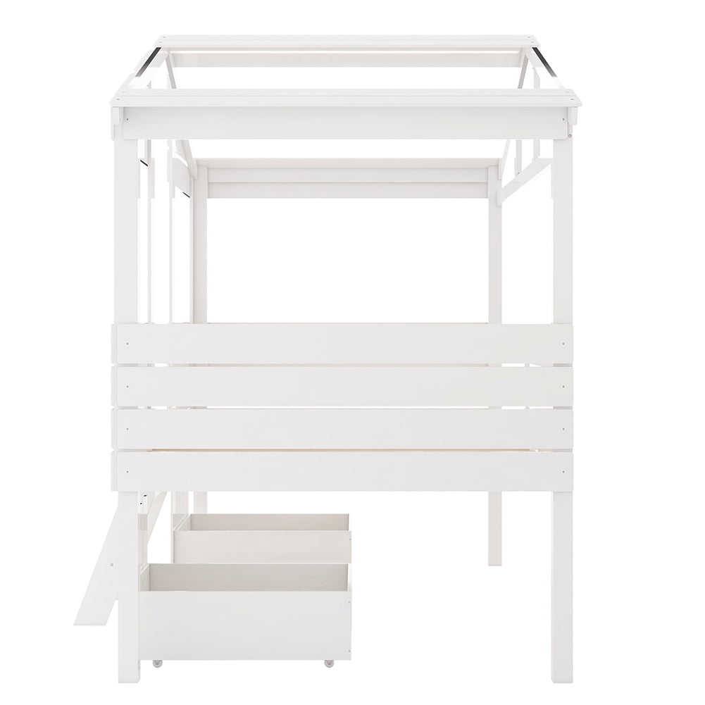 Kadyn kids Bunk Loft Bed with Two Drawers, Windows and Roof Design, White Kadyn kids Bunk Loft Bed with Two Drawers, Windows and Roof Design, White