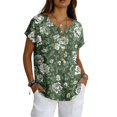 thumbnail image 3 of Vintage Floral V-Neck Tunic Tops for Women - Short Sleeve Button Detail Casual Blouse, Loose Fit Cotton-Linen Look Pullover Shirt for Summer & Vacation Green XXL, 3 of 6