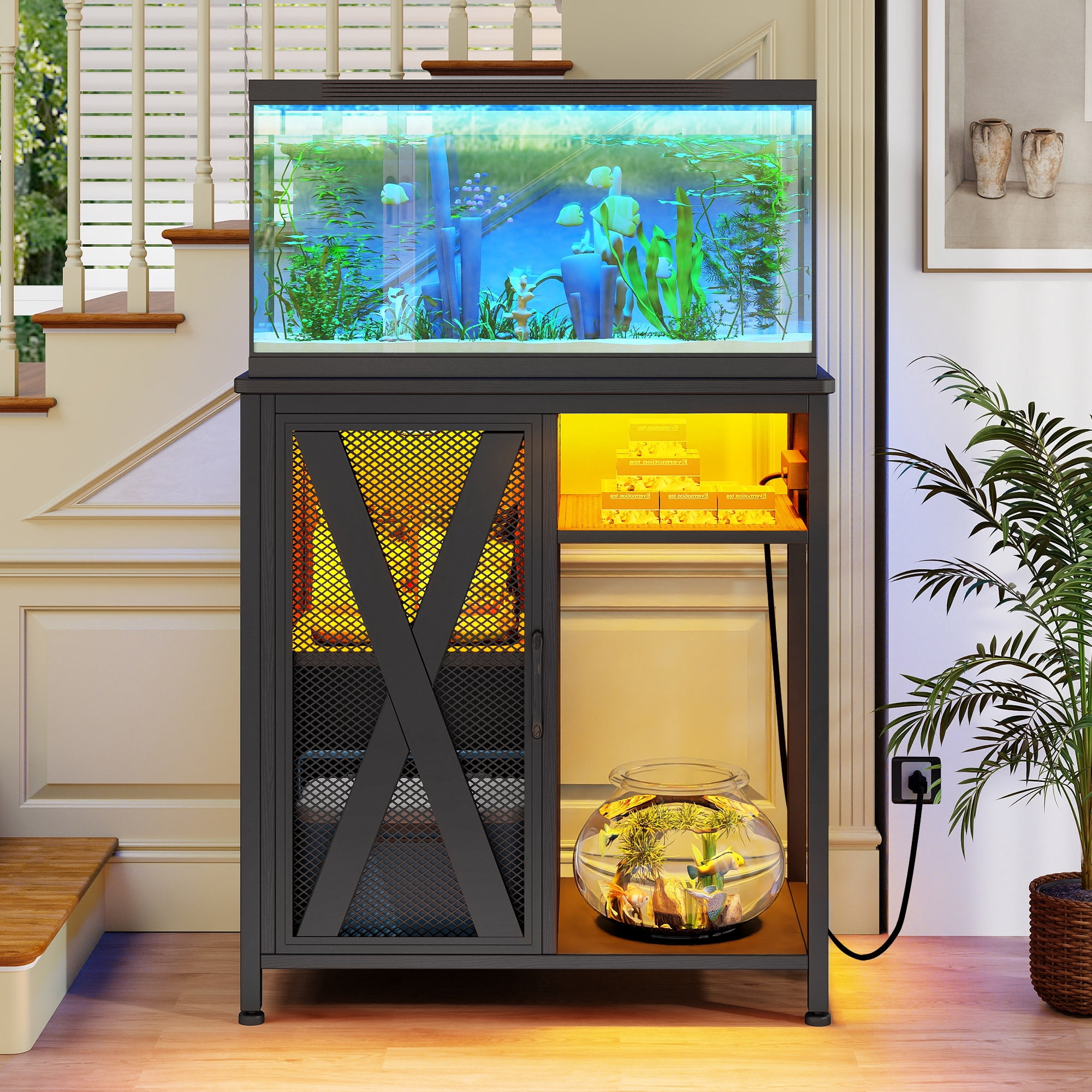 Uforic Aquarium Stand with Power Outlets & LED Light and Cabinet for 20-30 Gallon Fish Tank Stand, Turtle Tank, Reptile Terrarium - Black