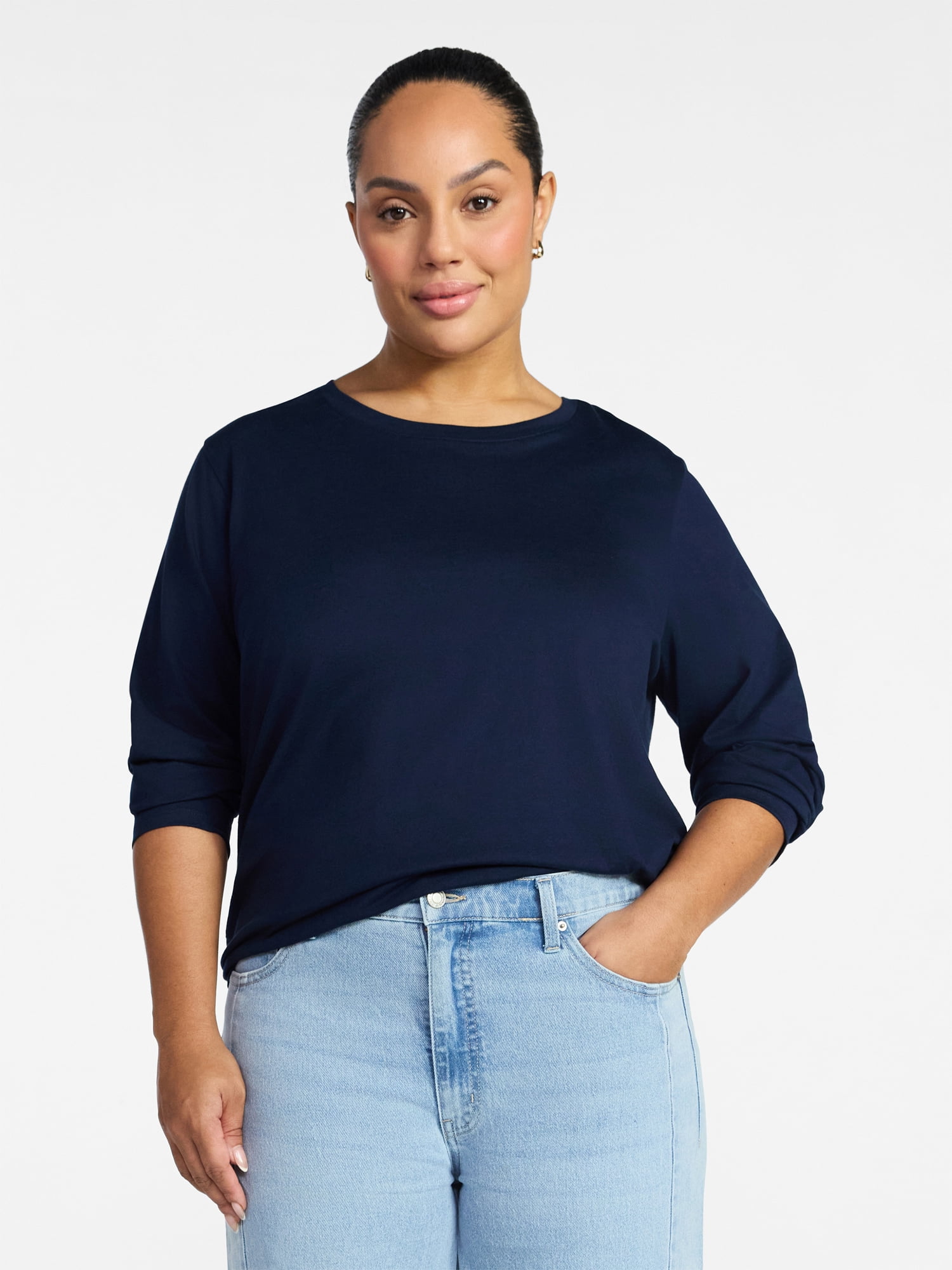Time and Tru Women's Crewneck Tee with Long Sleeves, Sizes XS-XXXL