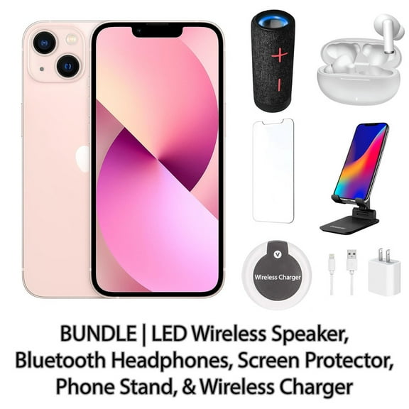 Restored Apple iPhone 13 128GB Pink Fully Unlocked Bundle: LED Wireless Speaker, Bluetooth Headphones, Screen Protector, Wireless Charger, & Phone Stand (Refurbished)