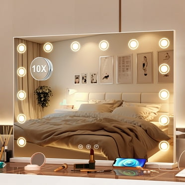 Yamissi Lighted Makeup Mirror, 10X Magnification, 32" x 24" Large Vanity Mirror with 14 LED Bulbs, Tabletop or Wall-Mounted, White