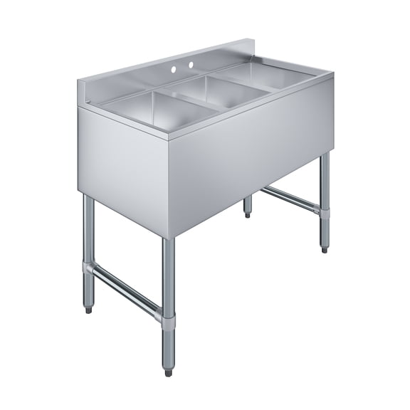 AmGood 38 in. x 19 in. Three Compartment Under Bar Sink. 18-3/4 in. x 38-1/2 in. x 30 in. with 3 in. Backsplash, 10 in. x 14 in. Bowls. NSF