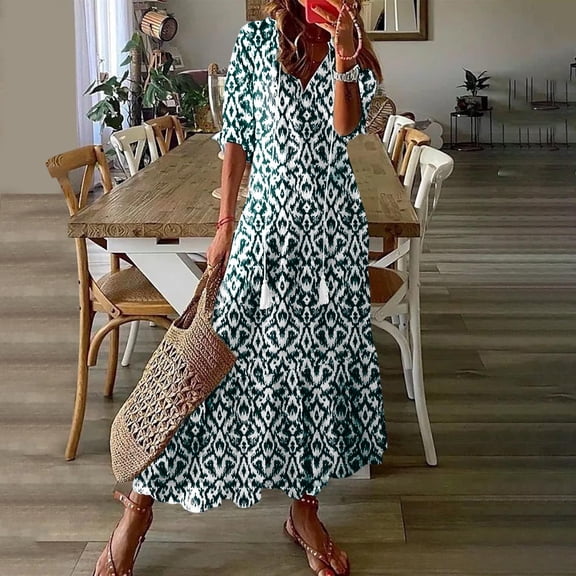 Ovbmpzd Shirt Dresses Plus Size Dresses for Women Boho Printed Green V-Neck Smocked Shift Maxi Summer Dresses for Women,M