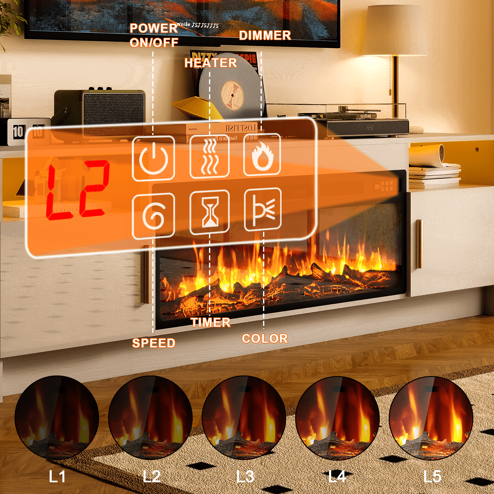 Rocyis 70” TV Stand with 3D Realistic Log Flame Electric Fireplace, Entertainment Center for TVs Up to 80-Inch, Modern TV Console with High Glossy Doors & LED Lights, Gray