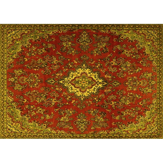 Ahgly Company Machine Washable Indoor Rectangle Persian Yellow Traditional Area Rugs, 5' x 8'