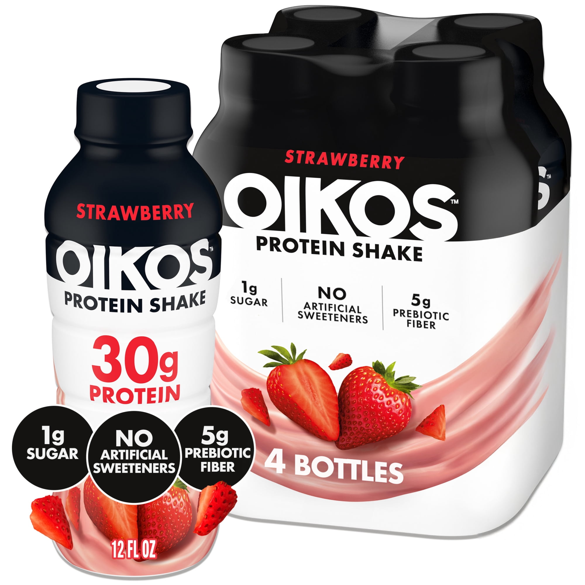 Oikos 30g Protein Shake, Strawberry, Shelf Stable, 12 fl oz, 4 Count Bottles
