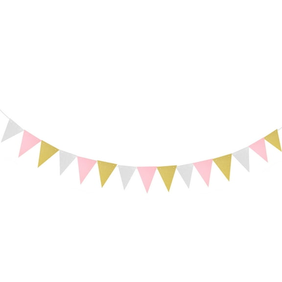 FONDOTIN 15 Flags Nursery Pennant Banner Flags for Birthday Party Decoration Golden White Pink 3 Meters