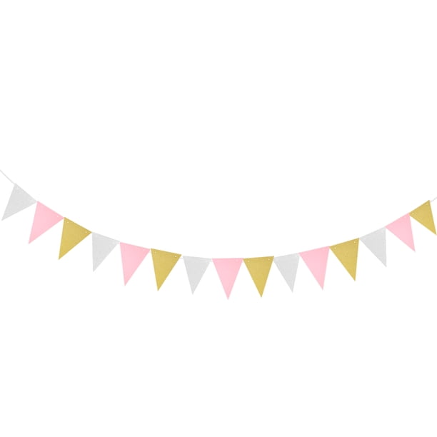 Banderas de cumpleaños de 3 metros para bebés Banderas de banderines de brillo multicolor Guirnalda Streamer Baby Room ry Decoración colgante (brillo dorado / blanco / rosa)