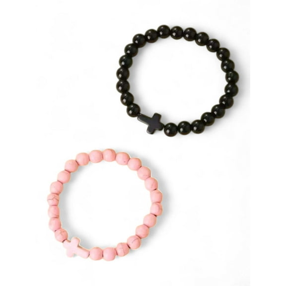Crackled Stone Stretch Cross Bracelets in Pink or Black