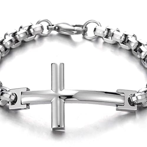 COOLSTEELANDBEYOND Womens Mens Stainless Steel Cuff Bangle Bracelet with Ball and Horizontal Sideway Lateral Cross