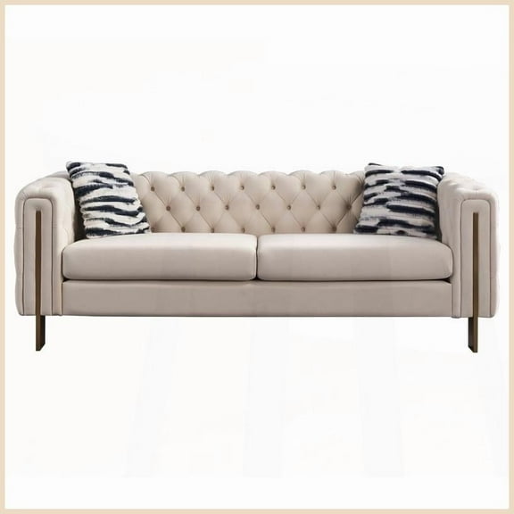 Modern Chesterfield Tufted Velvet Sofa - 84.25''W Cream Living Room Couch with Gold Legs
