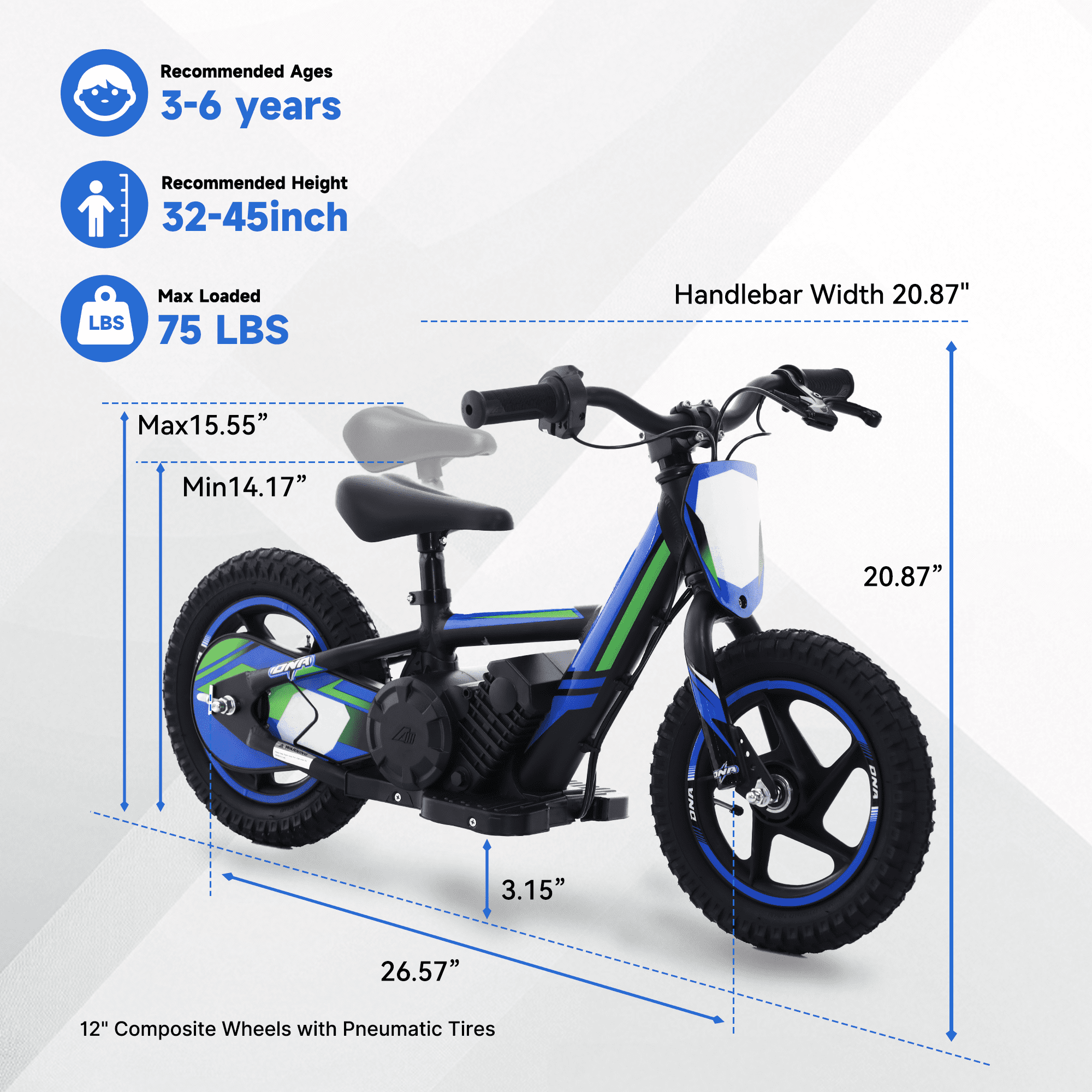 KKA 24V Electric Dirt Bike for Kids, 12 inch Tires Blue with Detachable Battery, for Child 3+