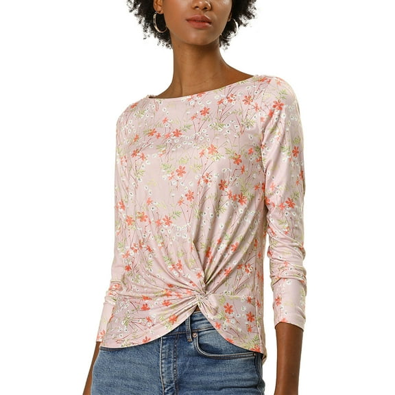 Allegra K Women's Boat Neck Long Sleeves Floral Twist Front Blouse