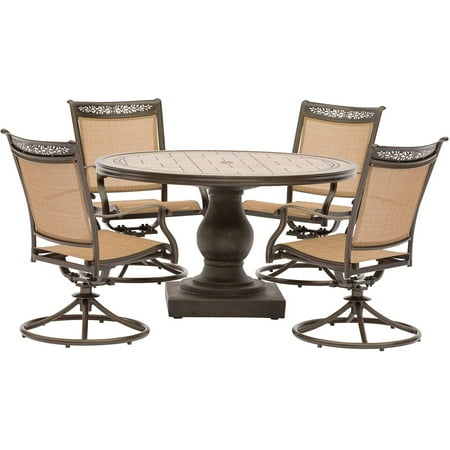 Tiled Garden Furniture Hanover Fontana 5 Piece Outdoor Dining Set Weatherproof Garden Lawn Patio Furniture With Swivel Rockers and Tile Top Table ()