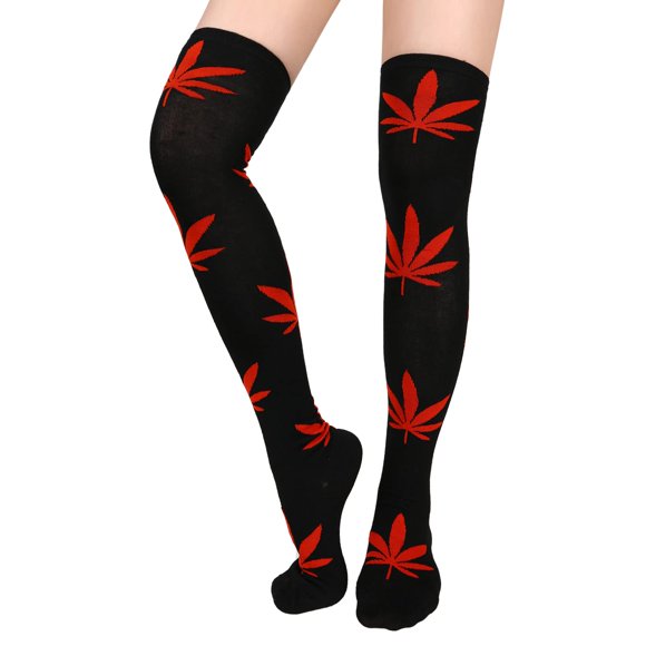 Benefeet Sox Black Thigh High Socks for Women Funny Green Leaves Red Thigh Highs Girls Cute Kawaii Clovers Long Socks Novelty Over the Knee Sock Crazy Halloween Stockings Cosplay Party Christmas Gifts