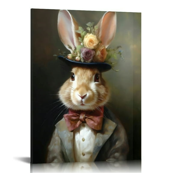 Vintage-Inspired Rabbit Canvas Wall Art Print - Framed Victorian Animal Portrait, Easter Bunny Perfect Ornament for Living Room, Bedroom, Office, Hallway, Kitchen Wall Decor