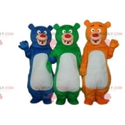 3 colorful bear mascots, 3 different colored teddy bears