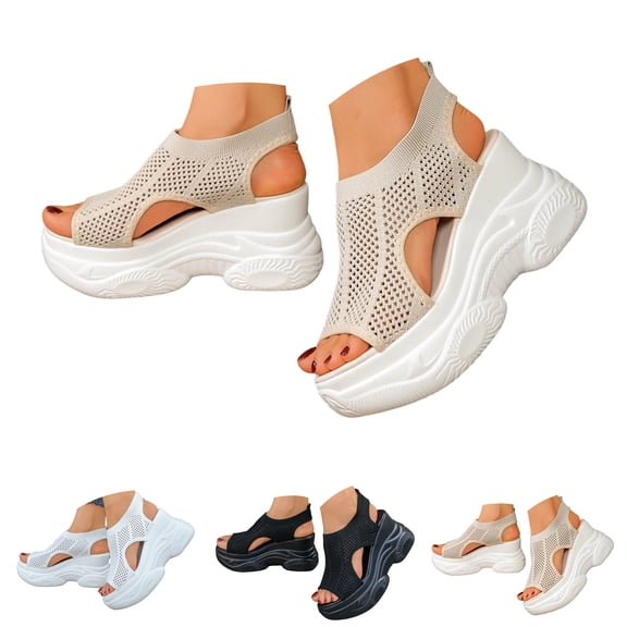 Pandaie Women's Platform Wedge Sandals Open Toe Orthopedic Sports Walking Sandal Ankle Strap Mesh Slip on Slingback Casual Shoes Sneakers Beige Size 6