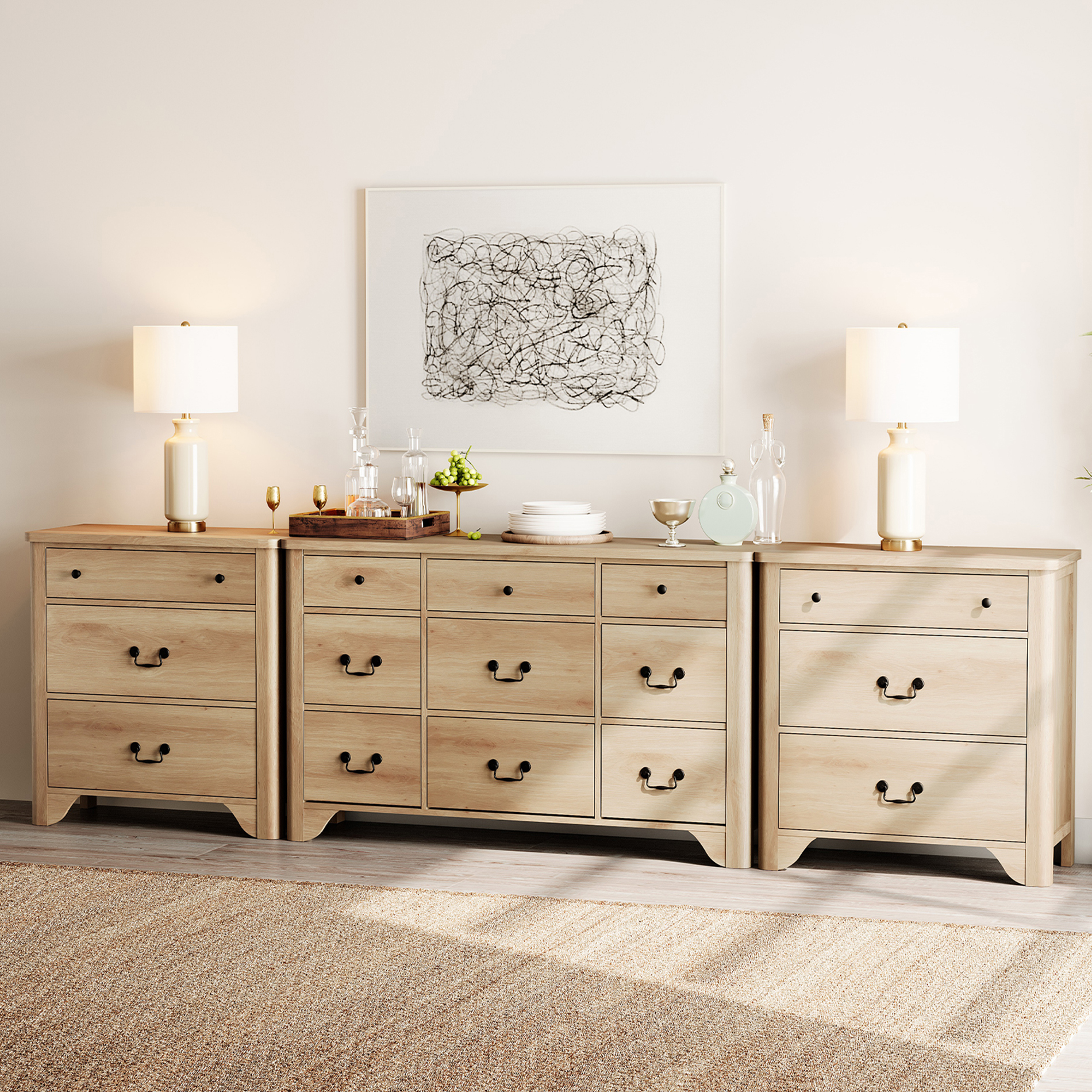 3-Piece Bedroom dresser Set,9 Drawer Dresser And 3 Drawer Dresser Set Of 2