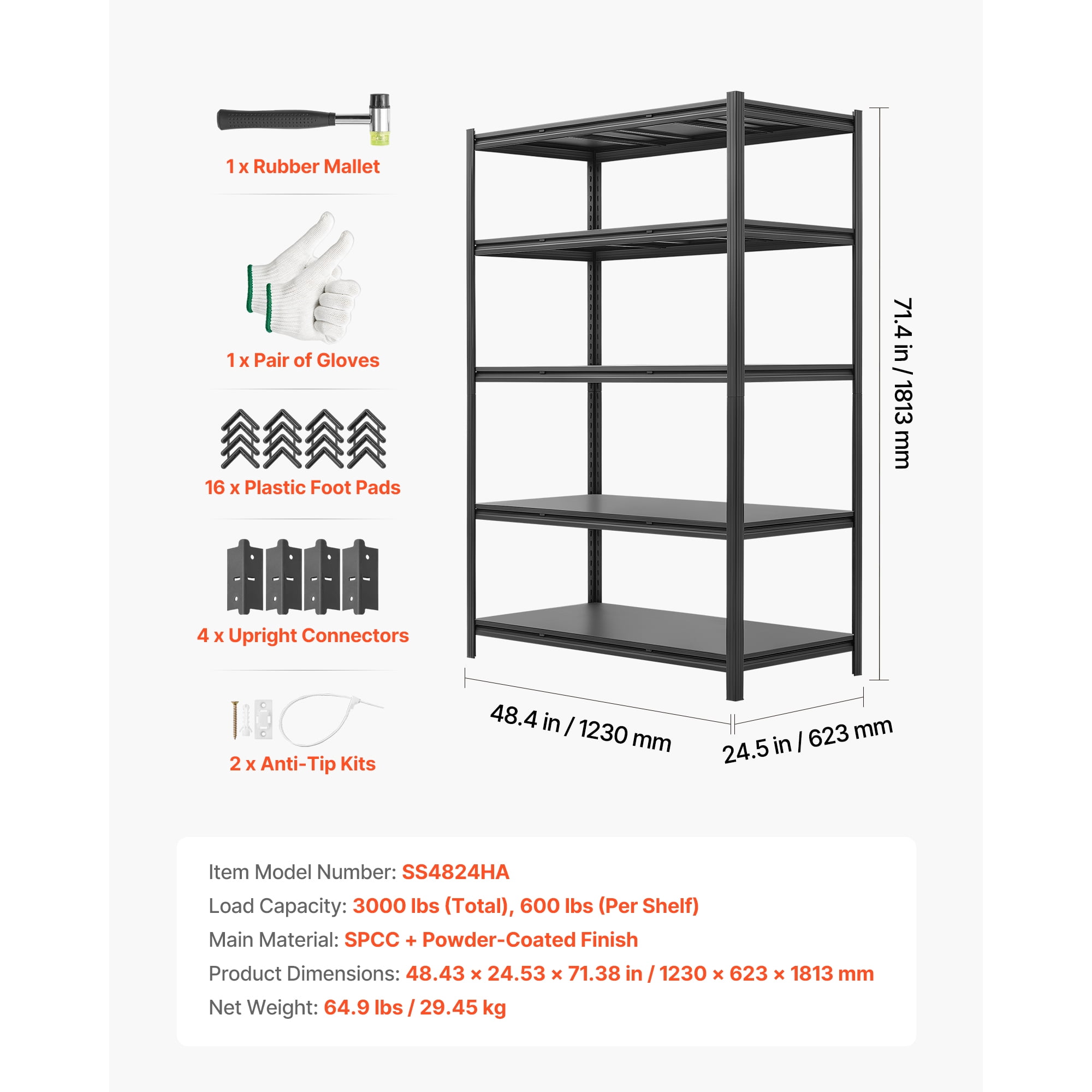 KFFKFF 5-Tier Adjustable Storage Shelves, 3000 lbs Capacity, Heavy-Duty Metal Utility Rack for Garage, Workshop, Warehouse, or Basement, 48.43" W x 24.53" D x 71.38" H
