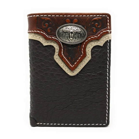 Western Tooled Genuine LeatherLonghorn Men's Short Trifold Wallet in 2 colors