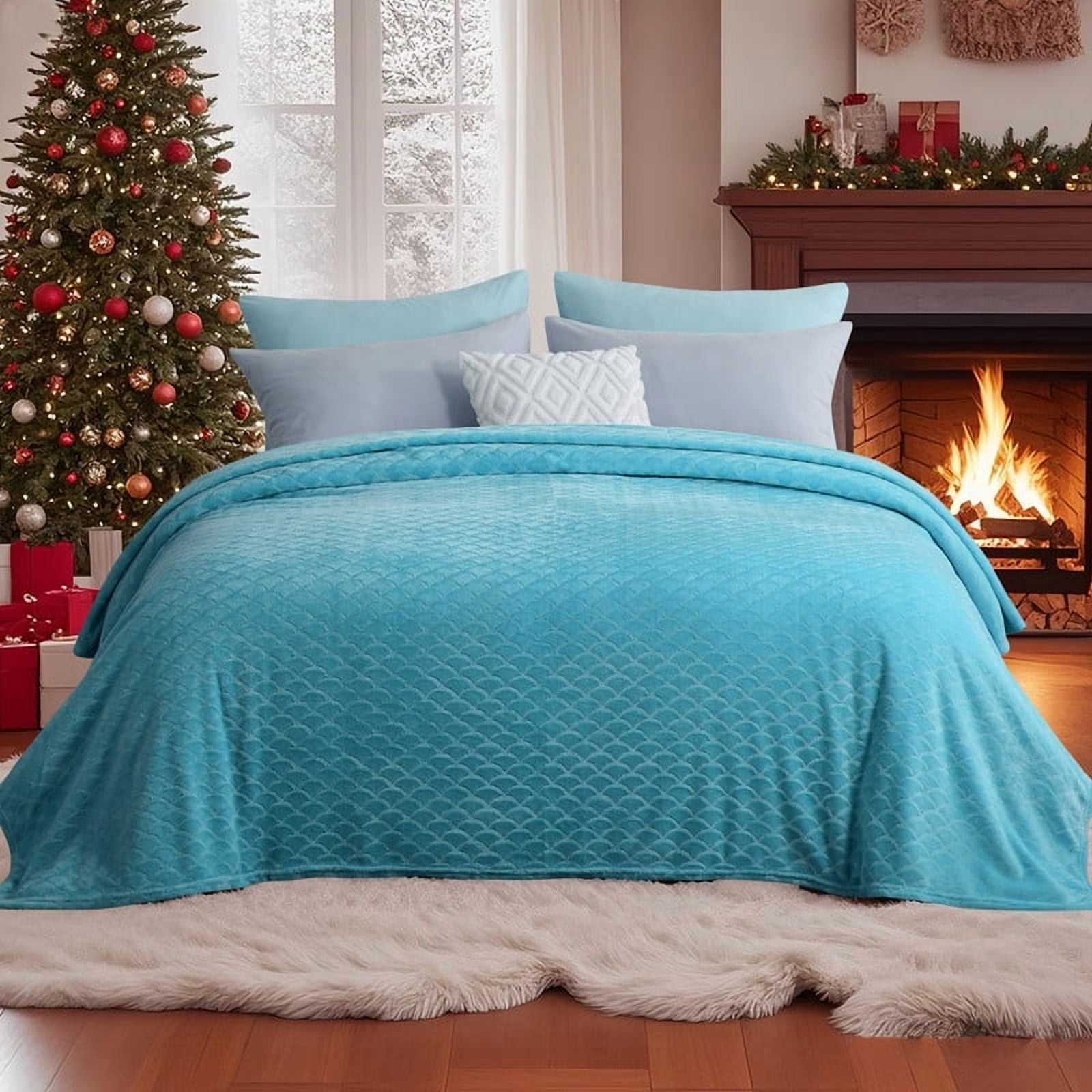 Aisbo Brushed Flannel Blanket Teal King, Super Soft and Cozy Blankets All Season Use