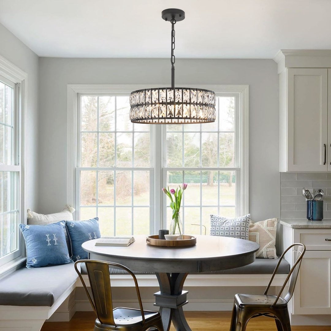 Modern 5-Light Drum Crystal Chandelier, Black Metal Ceiling Light Fixture with K9 Prisms for Dining Room, Living Room & Foyer