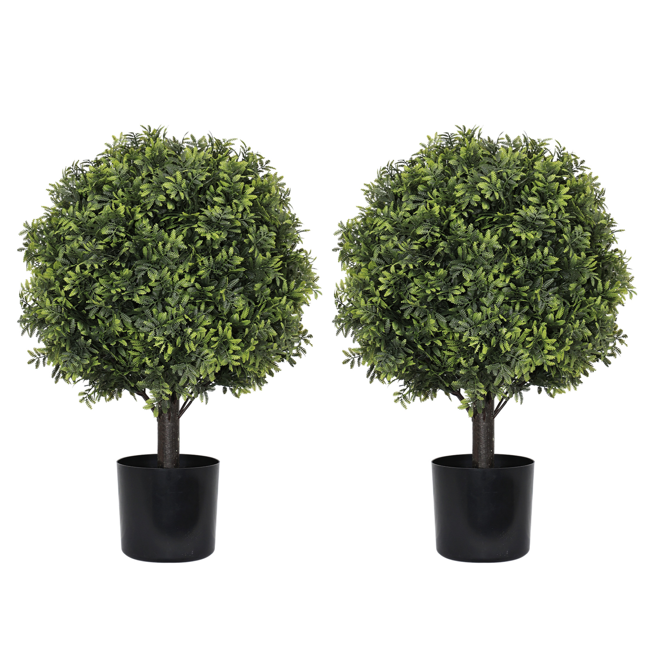 Noble House 1.8FT Artificial Boxwood Ball Trees, Faux Shrubs in Black Pots for Porch, Patio, Entryway, Green, Set of 2