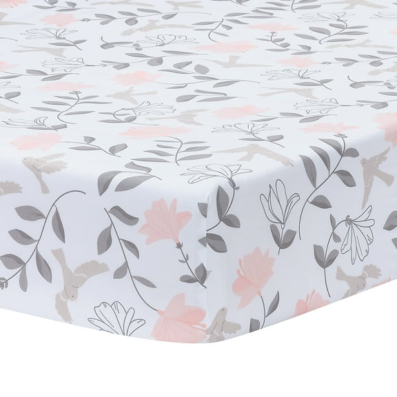 Lambs & Ivy Petals White/Pink/Gray Floral 100% Cotton Fitted Crib/Toddler Sheet