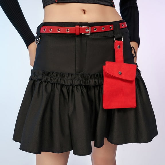 Micotaku Women's Black Mini Skirt Pleated Layered Skirt with Waist Belt Chain and Detachable Pocket, M