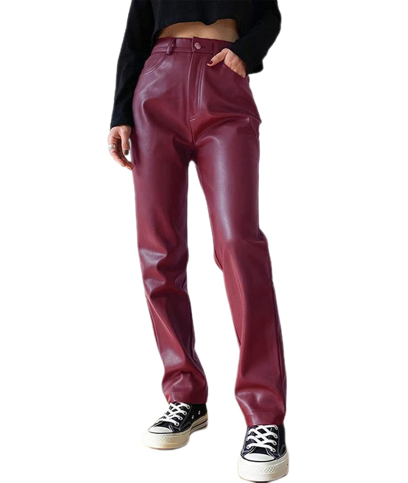Canrulo Women Faux Leather Pants High 